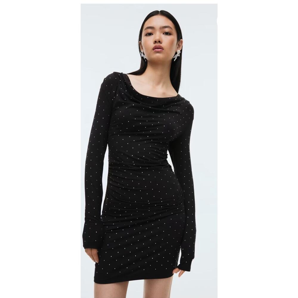 H&M Black Velvet Dress‎ Long Sleeve Med Studded Goth Whimsy Fitted Bedazzled